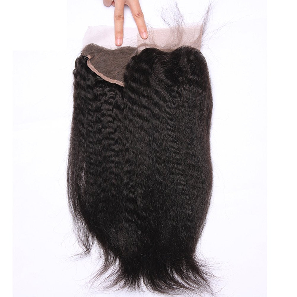 Unprocessed Italian Coarse Yaki Straight 13X4 Full Lace Frontal Closure Ear to Ear Free Part Human Hair Extensions Afro Kinky Straight Top Lace Front Closures with Baby Hair Natural Color 20"