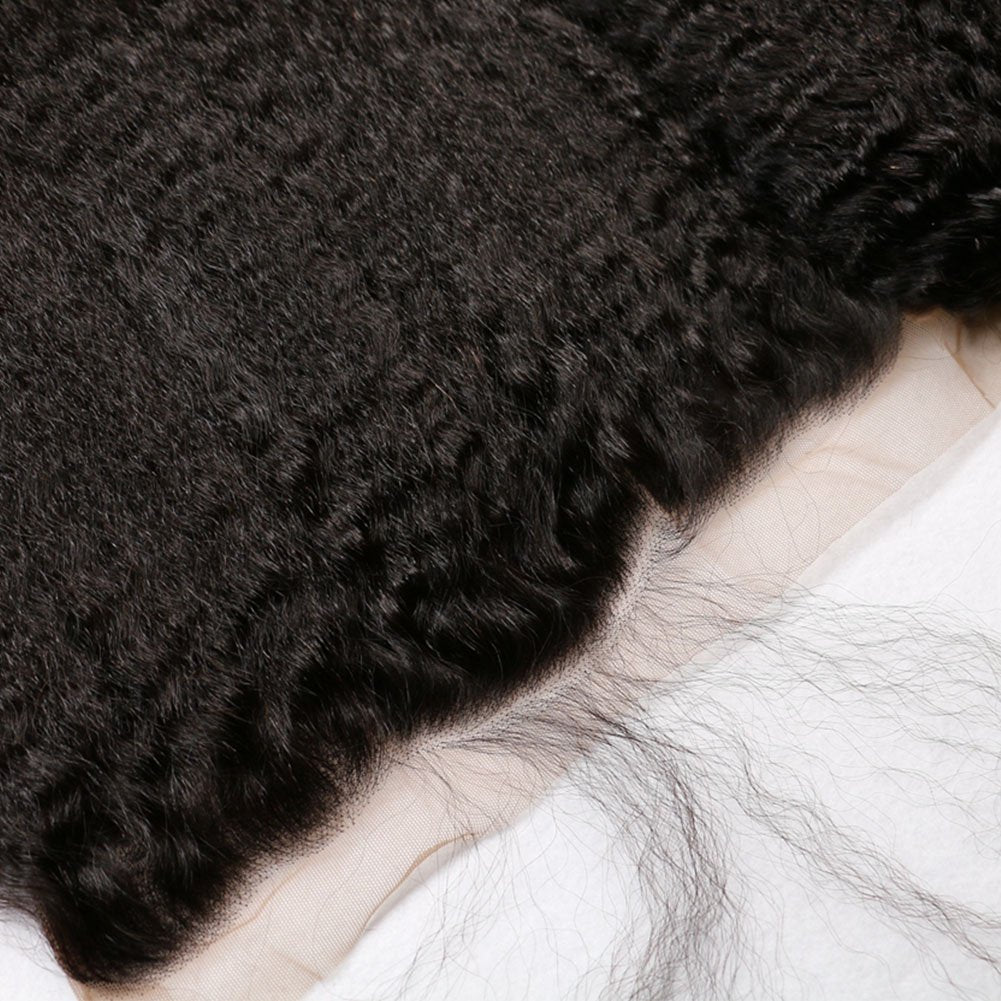 Unprocessed Italian Coarse Yaki Straight 13X4 Full Lace Frontal Closure Ear to Ear Free Part Human Hair Extensions Afro Kinky Straight Top Lace Front Closures with Baby Hair Natural Color 20"