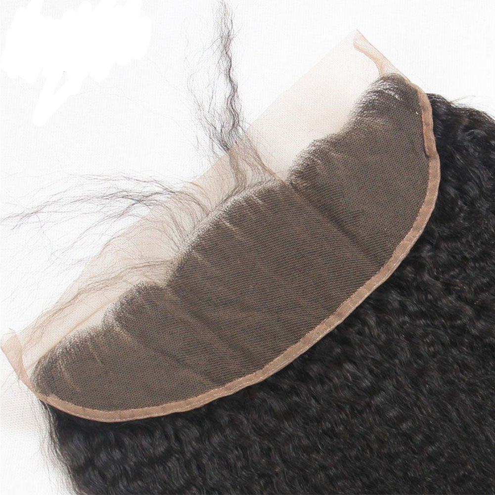 Unprocessed Italian Coarse Yaki Straight 13X4 Full Lace Frontal Closure Ear to Ear Free Part Human Hair Extensions Afro Kinky Straight Top Lace Front Closures with Baby Hair Natural Color 20"
