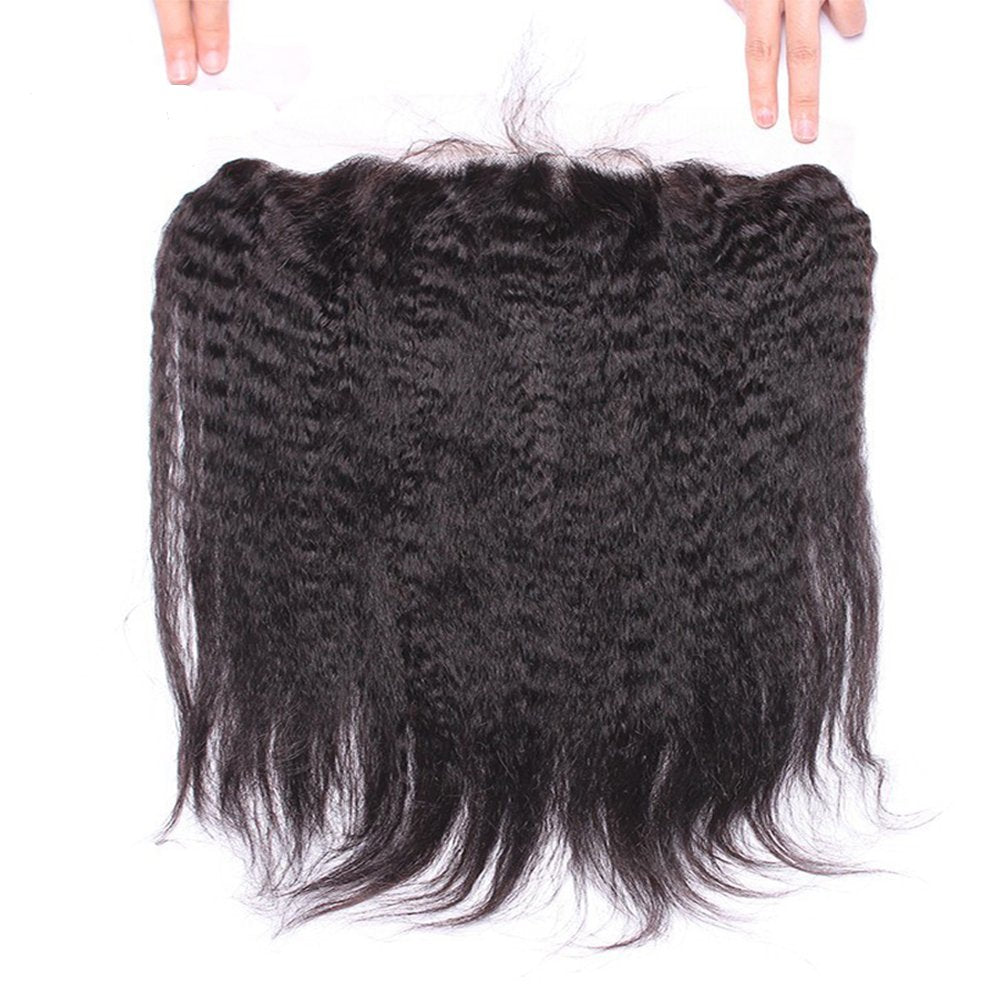 Unprocessed Italian Coarse Yaki Straight 13X4 Full Lace Frontal Closure Ear to Ear Free Part Human Hair Extensions Afro Kinky Straight Top Lace Front Closures with Baby Hair Natural Color 20"