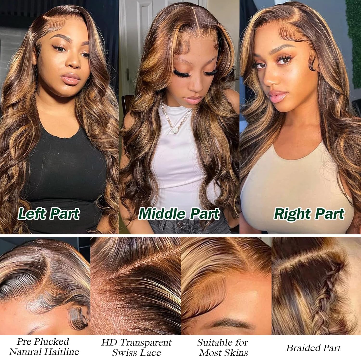Highlighted 13X4 HD Transparent Lace Front Wigs Body Wave Honey Blonde Pre Plucked Lace Front Wig for Black Women Blonde Highlight Wavy Frontal Wig 4H27 Natural Looking Long Haired Wig