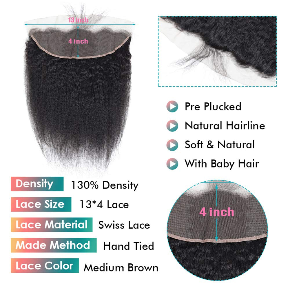 Unprocessed Italian Coarse Yaki Straight 13X4 Full Lace Frontal Closure Ear to Ear Free Part Human Hair Extensions Afro Kinky Straight Top Lace Front Closures with Baby Hair Natural Color 20"