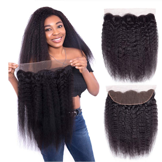 Unprocessed Italian Coarse Yaki Straight 13X4 Full Lace Frontal Closure Ear to Ear Free Part Human Hair Extensions Afro Kinky Straight Top Lace Front Closures with Baby Hair Natural Color 20"
