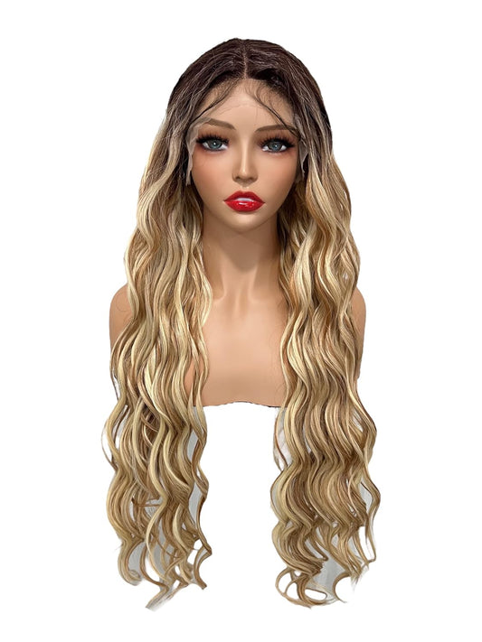 Joe Green 5" Y Shaped HD Lace Frontal Wig Synthetic Pre-Plucked Hair Loose Wave (Scotch Blonde Extra Long Loose)