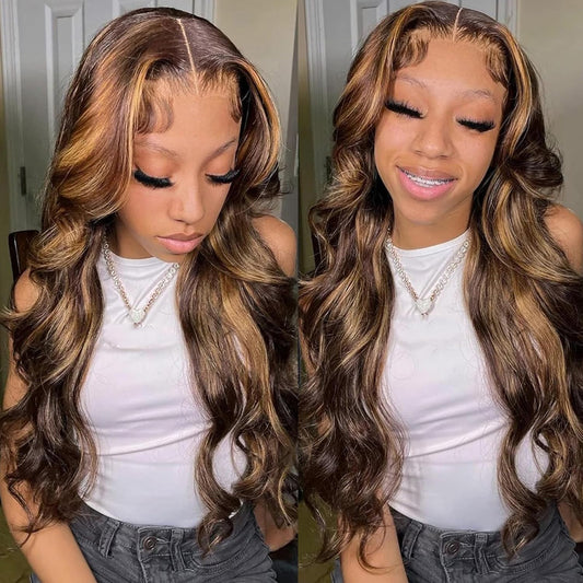 Highlighted 13X4 HD Transparent Lace Front Wigs Body Wave Honey Blonde Pre Plucked Lace Front Wig for Black Women Blonde Highlight Wavy Frontal Wig 4H27 Natural Looking Long Haired Wig