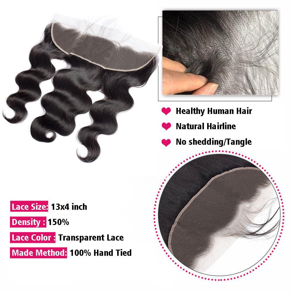 13X4 Transparent HD Lace Frontal 18 Inch Brazilian Body Wave Lace Frontal Closure Human Hair 100% Unprocessed Virgin Human Hair Frontals Pre Plucked with Baby Hair 150% Density Natural Black