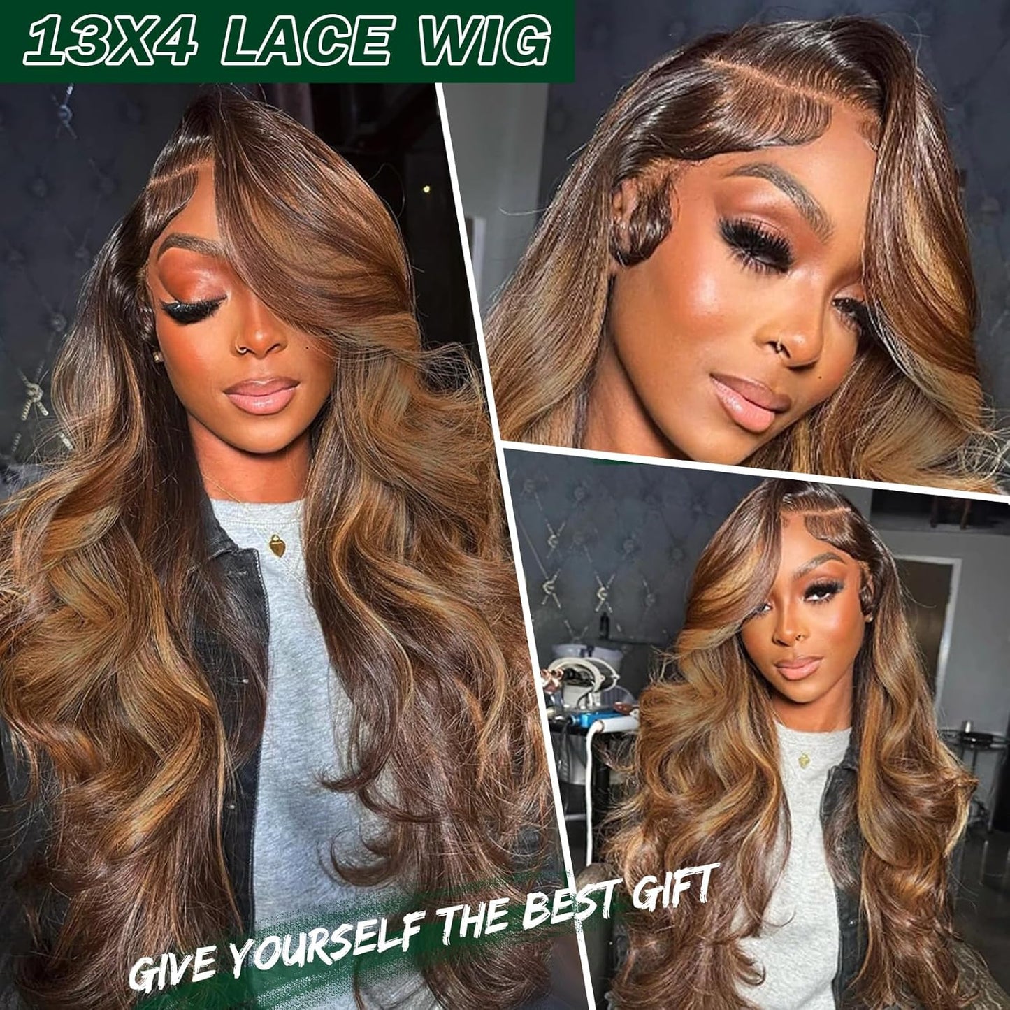 Highlighted 13X4 HD Transparent Lace Front Wigs Body Wave Honey Blonde Pre Plucked Lace Front Wig for Black Women Blonde Highlight Wavy Frontal Wig 4H27 Natural Looking Long Haired Wig