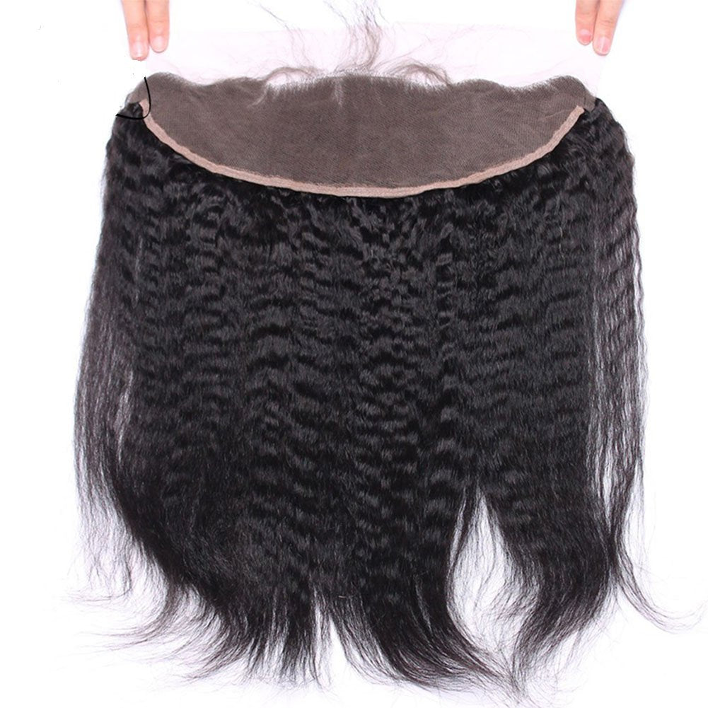 Unprocessed Italian Coarse Yaki Straight 13X4 Full Lace Frontal Closure Ear to Ear Free Part Human Hair Extensions Afro Kinky Straight Top Lace Front Closures with Baby Hair Natural Color 20"