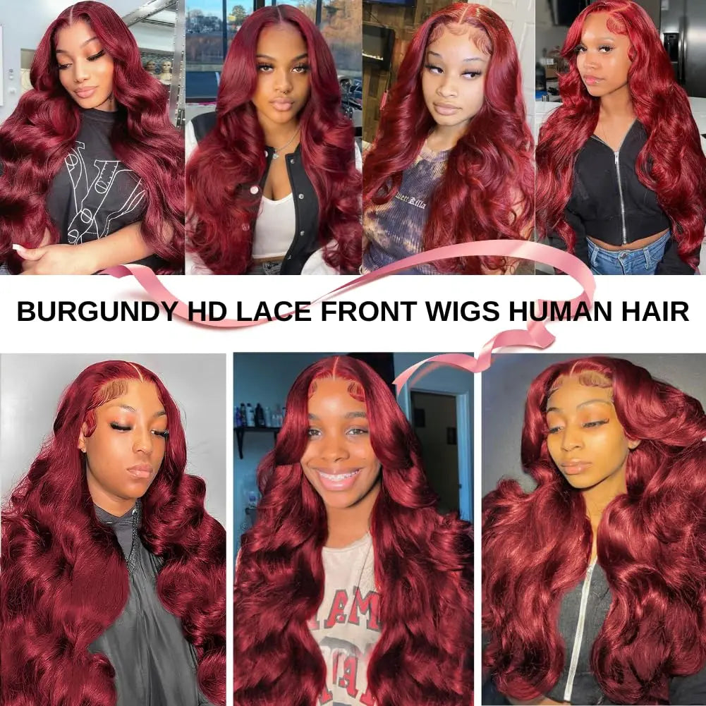 99J Burgundy 13X6 Hd Lace Front Wigs Human Hair Wine Red Body Wave Wigs 100% Human Hair Burgundy 13X4 Transparent Lace Front Wig